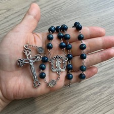Miraculous Medals Roses Virgin Mary Blue 8mm Wooden Beads Rosary Maria Milagrosa picture
