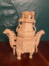 Vintage Chinese Faux Ivory Foo Dog Censer Urn Resin Carved Temple Decor 7.5 In picture