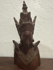 Balinese Goddess Hand Carved Solid Wood Statue Bust 8 1/4” Tall Indonesia picture
