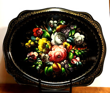Mid Century Hand Painted Toleware Metal Tray Black Floral with Gold Accents TP picture