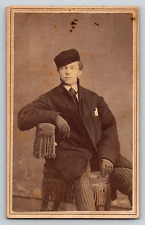 Original Old Genuine Vintage Photo CDV Gentleman Chair Coat Tie Hat Gloves picture