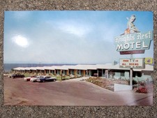 Vintage Pismo Beach Calif Knight’s Rest Motel Postcard Sedans Bel Air Fairlane picture