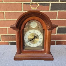 BULOVA Tempus Fugit Vintage Mantle Table Clock Carve Wood Victorian Brass Accent picture