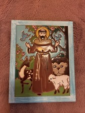 Vintage 1985 Arius Tile Co St Francis of Assisi 6x8 Ceramic Art Tile Framed picture