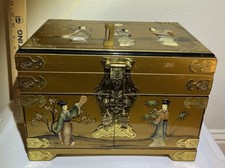 Vintage Chinese Gold Lacquer Jewelry Box, Red Silk Lining H 10” L 14” W 9”  picture