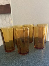 Vtg Hazel Atlas MCM 1960s Amber Glass Panel Optic Water Tumblers 5