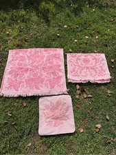 Vintage Pink Sculpted Rose Fringed 3-Piece Cotton Bath Towel Set Two Tone MCM picture
