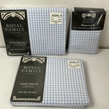 Vtg Royal Family Cannon 2 Twin Flat Sheet 2 Queen Pillowcase Blue Gingham NOS picture