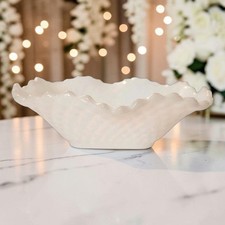 Vtg Square Milk Glass Candy/Trinket Bowls Ruffled Edge Diamond Cut Pattern (2) picture