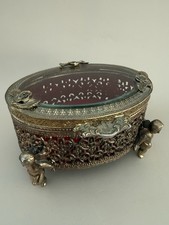 Vintage Mele Brass Filigree Jewelry Casket – Cherub Feet, Red Velvet picture