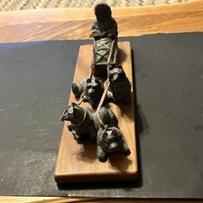 Vintage Al Wolf Made in Canada Dog Sled Team Figurine on Wood Base Brown/Black  picture