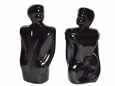 Art Deco Black Glazed Ceramic Man & Woman Bust Figurine Set 1980s Home Decor picture