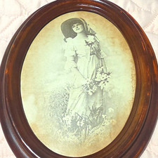 Vintage HL British Reg Design Oval Picture Frame Faux Wood Victorian Lady Art   picture