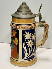 Gerz German Lidded Beer Stein Hinged Pewter Lid Blue/White Floral Relief picture