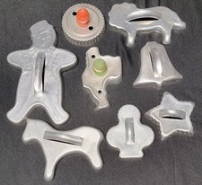 9 VTG Aluminum Cookie Cutters 1 Red 1 Green Wood Handles Santa Star Snowman Lion picture