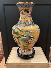 Chinese Enamel Cloisonne Dragon & Bird Flowers Motif Brass Trim 16” Vase Yellow picture