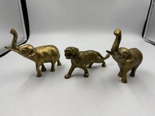 Vintage Brass Elephants and Tiger Figurines Lot of 3 Solid Animal Statues Decor picture