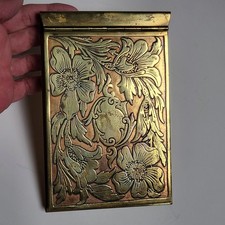 Art Nouveau Brass Notepad Paper Memo Card Holder Floral Poppy Design 19th Cent picture