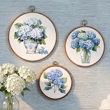 Fiwochic 3 Pcs Round Chinoiserie Blue Hydrangea Canvas Wall Decor picture