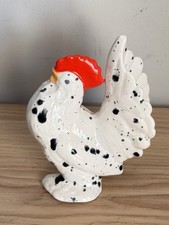 Vintage Ceramic White Chicken Rooster Figurines, Black Speckles Farmhouse Decor picture