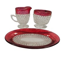 Vt Ruby Flashed Diamond Point Creamer Sugar Set with Oval Tray 3pc Indian Glass picture