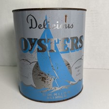 Vintage Delicious Oysters Brand 1 Gallon Tin Morattico, VA, Product Of USA picture
