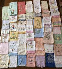 antique vtg LOT 48 hand fingertip GUEST TOWEL linen EMBROIDERED flower APPLIQUE picture