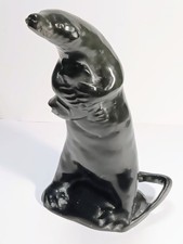 VTG INUIT ESKIMO HAND CARVED SOAPSTONE  STANDING OTTER WITH FISH - SIGNED picture