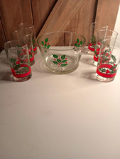 Vintage Christmas Holly Clear Glass Punch Bowl & 6 Tumblers Set, 7-Piece picture