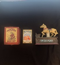 Antique 1930s 40s Arcade Jack Set Box & Jacks- Trick Pony Mechanical Bank  picture