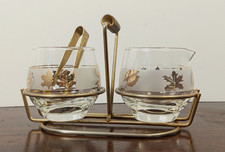 Vintage Mid Century Glass Creamer, Sugar Bowl Set Gold Leaf Frosted Leaves Tongs picture