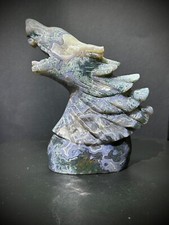 Large Moss Agate Wolf Carving With Druzy 5.75” tall 2lb 3oz picture