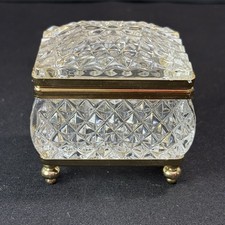 Vintage French Cut Lead Crystal Brass Vanity Jewelry Trinket Casket Box Hand Cut picture