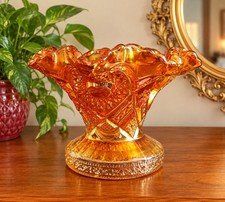 Vintage Marigold iridescent carnival Glass Vase Candy Dish Jewelry Holder 50's picture