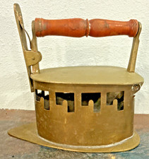 Vintage Norleans India Brass Charcoal Sad Iron Miniature Clothes Iron Wood Handl picture
