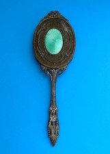 Antique E & J Bass EmpireArt Gold Bronze Hand Mirror w/Guilloché Enamel Center picture
