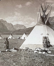 ORIGINAL  BLACKFEET INDIANS with TIPIS in MONTANA 1910 STEREOVIEW PHOTO picture