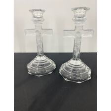 Glass Crucifix Candlestick Pair, Pressed Glass Religious Candleholder Jesus picture