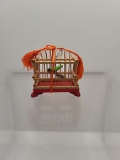 Vtg Miniture Japanese Bamboo Cage With Green Bird Asian Culture  picture