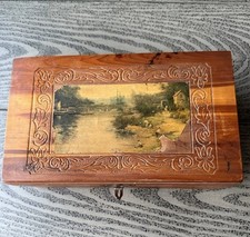 VTG Dovetail Cedar Decoupage English Scene Hand Carved Keepsake Box W/ Mirror picture