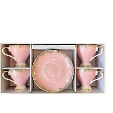 GRACE TEAWARE Set of 4 Porcelain Espresso Cups Saucers Pink Etched in Gold NEW picture