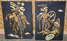 Vintage 3D INCA AZTEC WARRIOR SCULPTURES Art Brass Turquoise MID CENTURY MODERN picture