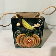 Halloween Bats Ghosts and Pumpkin Cardboard Hand Painted Box Folk Art Signed '95 picture