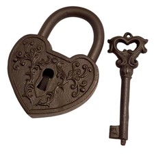 Vintage-Style Heart Padlock with Skeleton Key Cast Iron Lock Decor picture