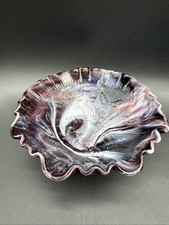 VTG Imperial Slag Amethyst Purple Rose Floral Embossed Footed Ruffle Bowl NOS picture