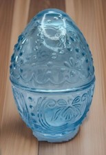 Glass Egg Shaped Blue Patterned Lidded Trinket Jar/Dish 6 Inches Tall picture