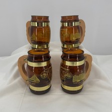 Vintage Michigan Souvenir Amber Glass Barrel Mugs Wood Handle Set of 4 Mackinac picture