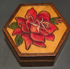 Vintage Hexagon Wooden Trinket Box Red Rose Folk Art Pyrography Velvet Lined 4x5 picture
