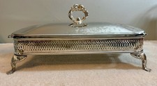 Silver Plate Lidded Covered Serving Dish with Handles and Feet. 16.5”x 9”*** picture
