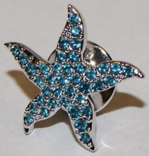 SWAROVSKI STARFISH LAPEL TACK PIN Silver Blue Crystals Swan Logo Retired STARS * picture